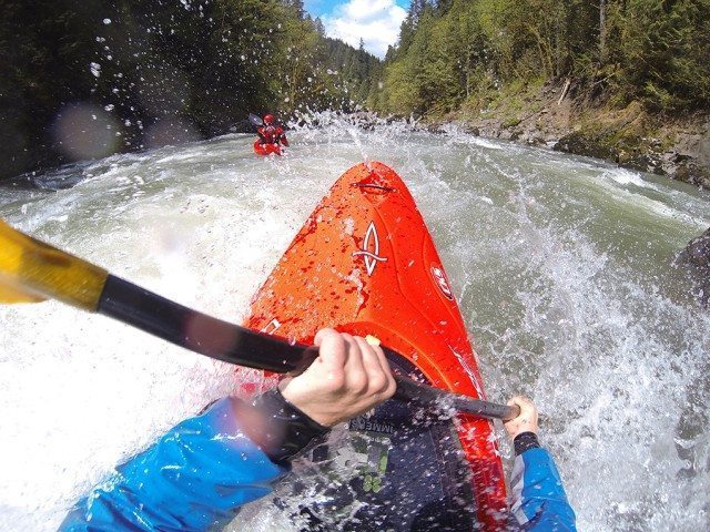 David Spiegel paddles the Skykomish River, Blister Gear Review