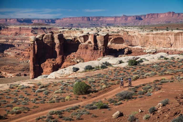 Biker on White Rim trail in Canyonlands National Park, Moab, Utah.