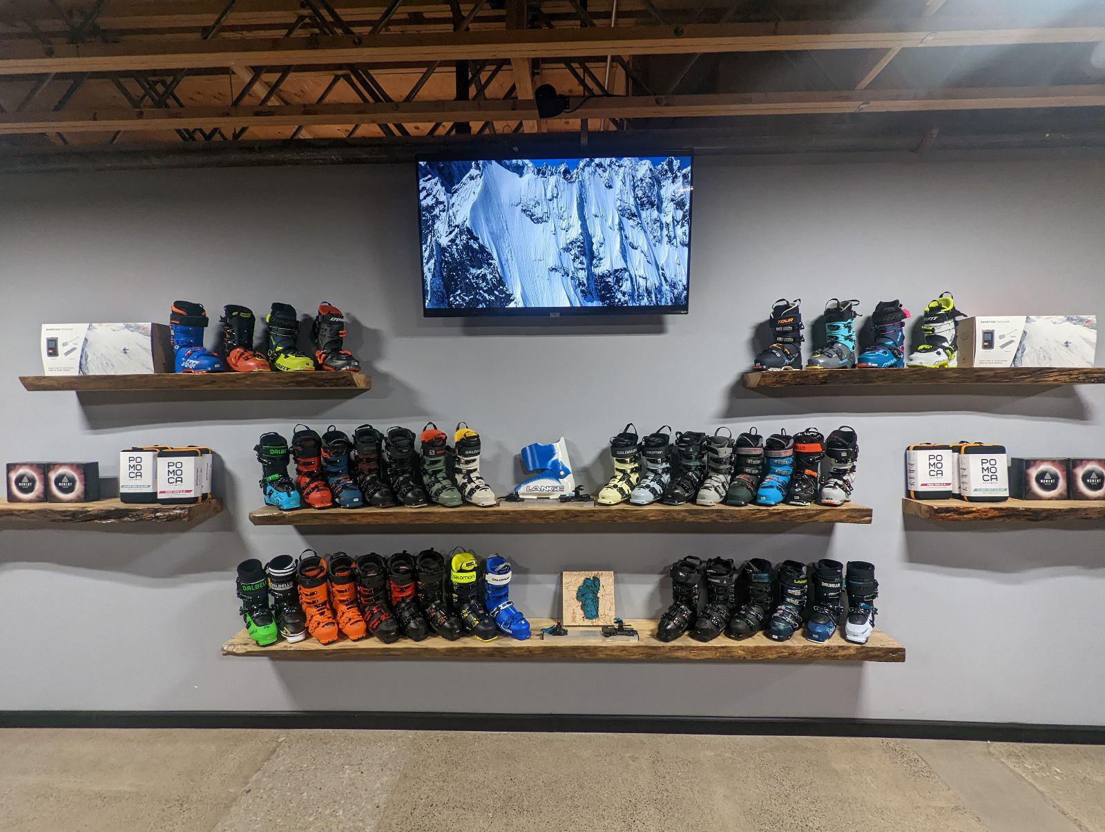 Boot wall at the Moment Skis Factory (Reno, NV)