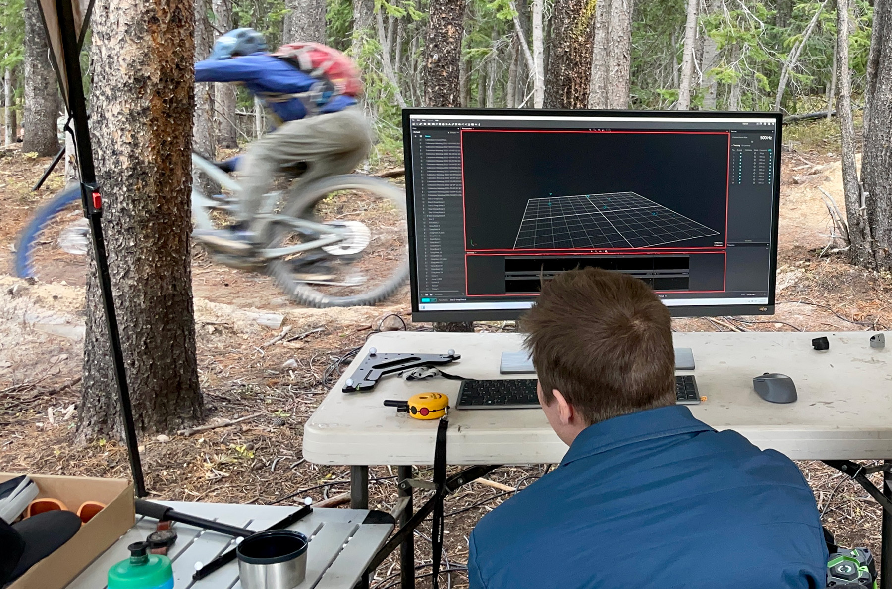 Travis Hainsworth out in the field gathering data on MTB wheelsets