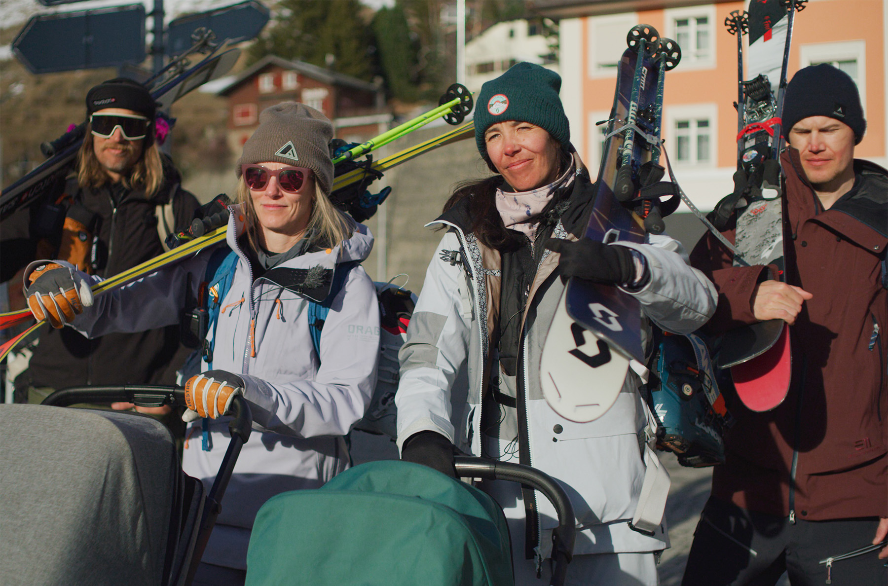 Elyse Saugstad, Jackie Paaso, Cody Townsend, & Reine Barkered during the filming of 'Here, Hold My Kid.'