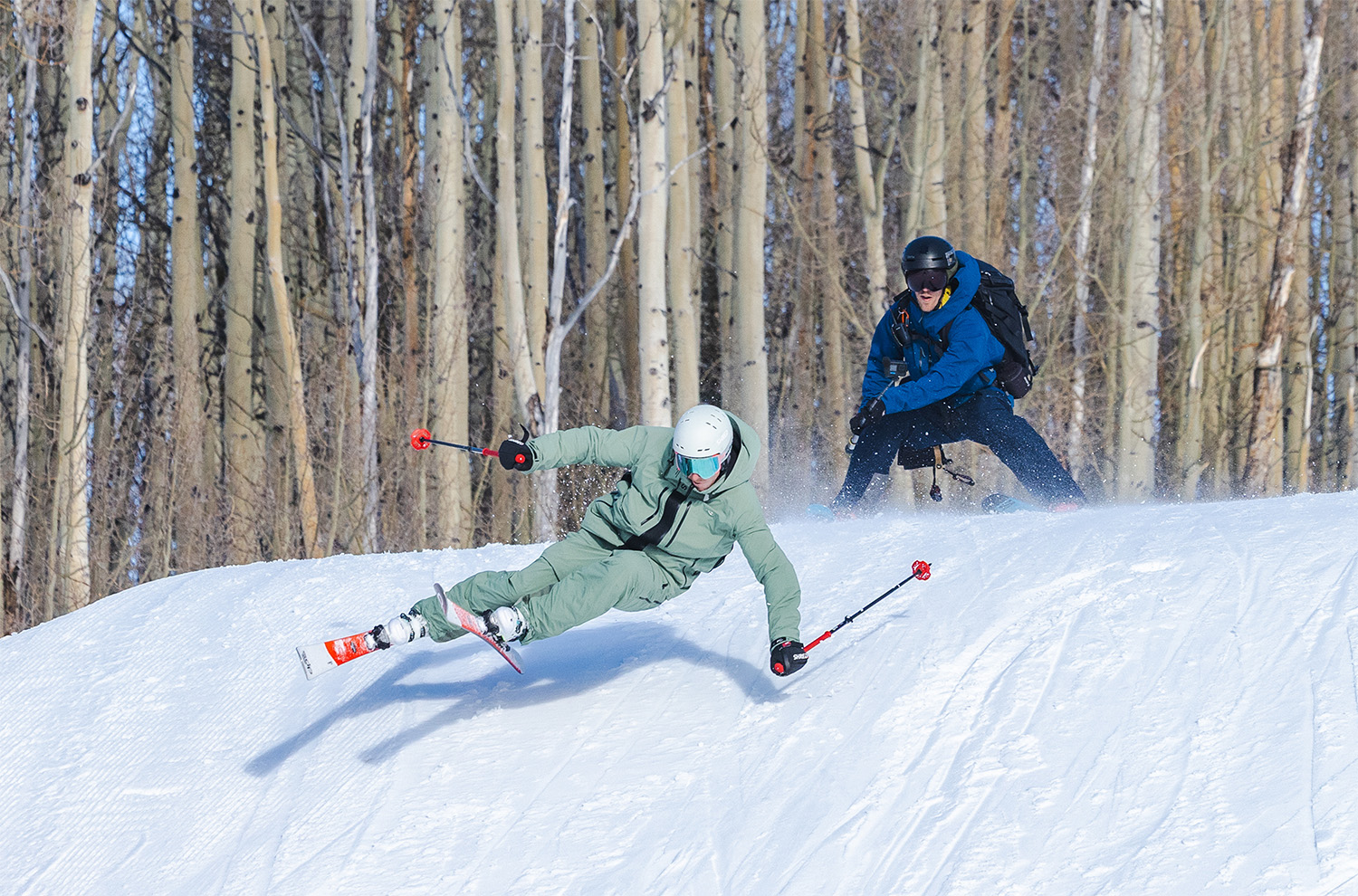 Bjarne in his high-speed snowplow filming Ted Ligety at the Blister Summit