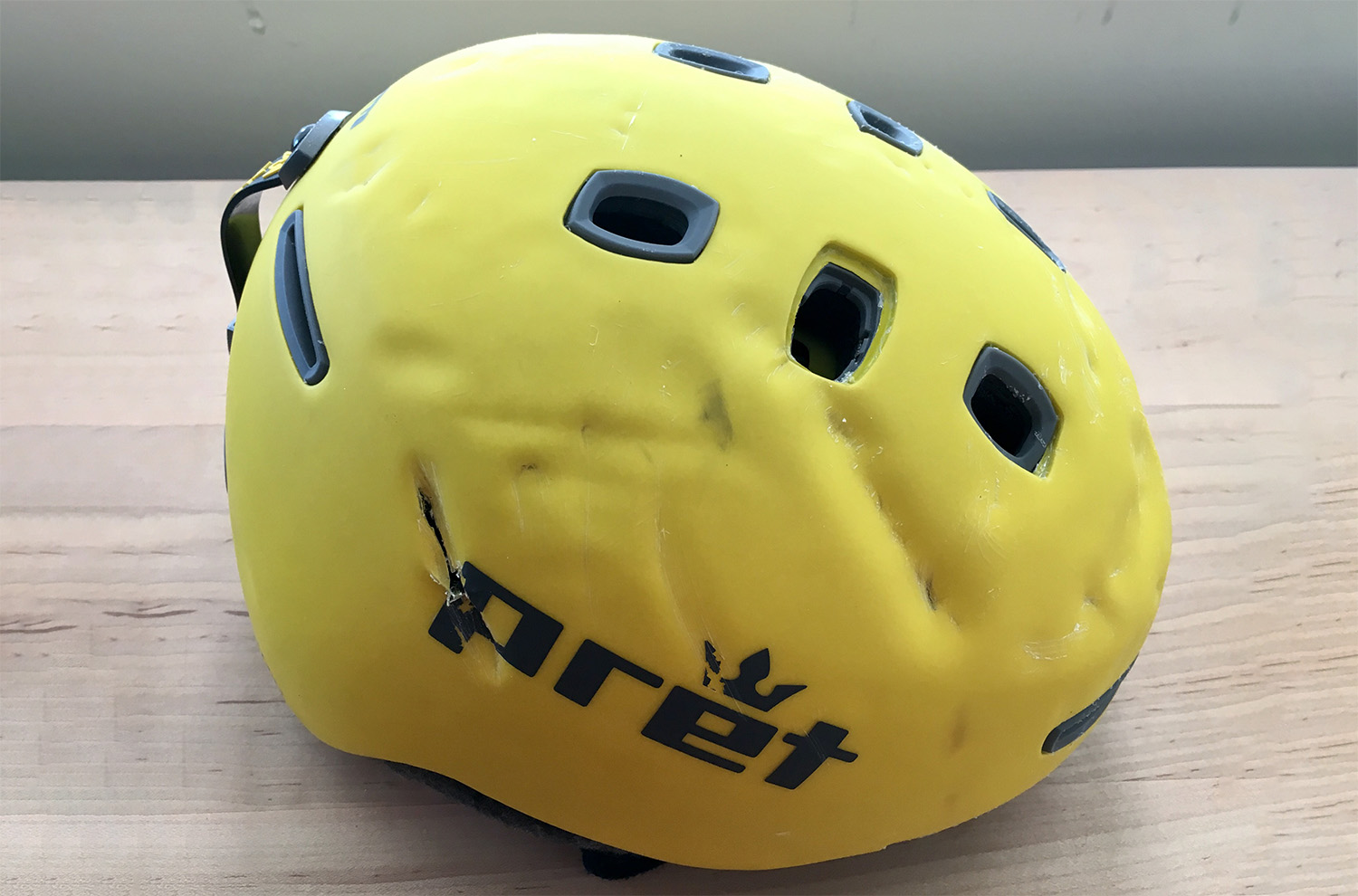 Jonathan's helmet after his backcountry ski accident in 2017